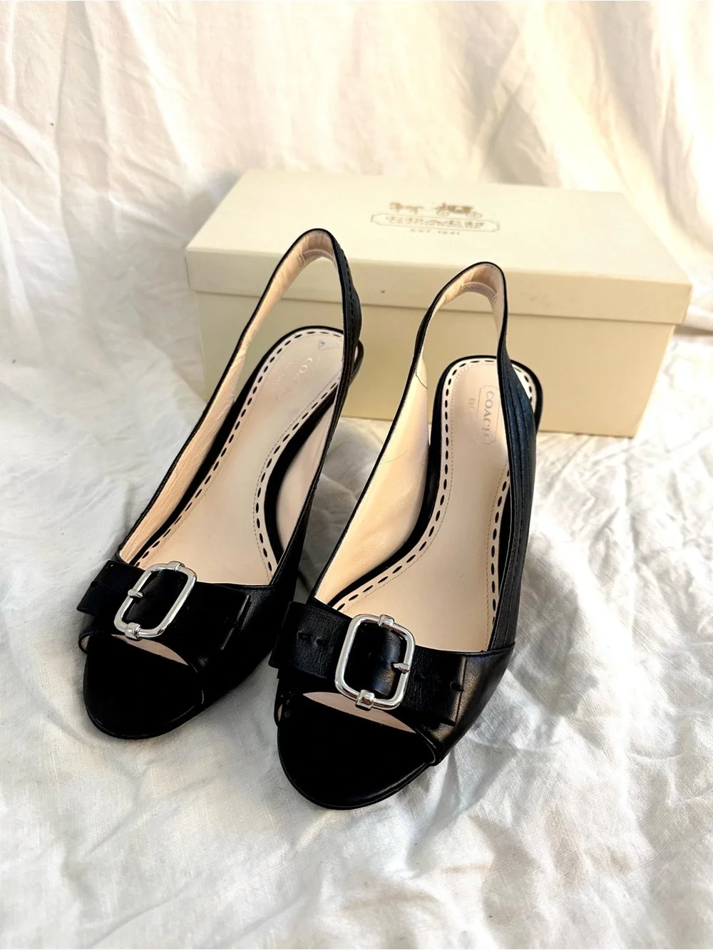 Coach Black Leather Slingback Peep-Toe Heels with Silver Buckle